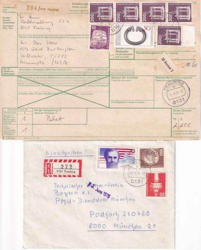 BRD - Traubing 1976 Paketkarte n. USA + Einschreibebrief