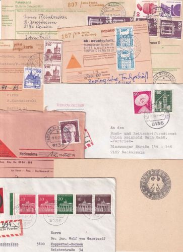 BRD - Percha 7 Belege ca. 1965/83 Paketkarte(n. USA), Portostufen etc.