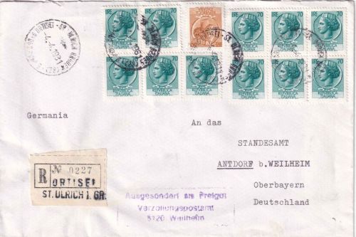 Italien - 11x70+30 L. Italia Einschreibebrief St. Ulrich/Gröden - Antdorf 1981