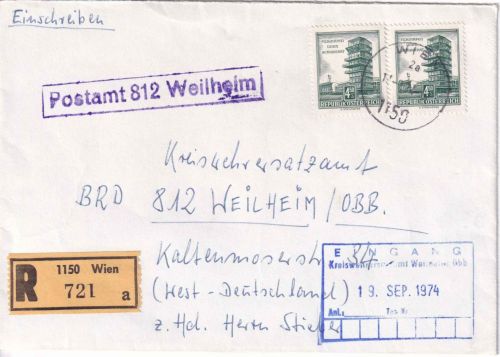 Österreich - 2x4,50 S. Bauwerke Einschreibebrief Wien - Weilheim 1974