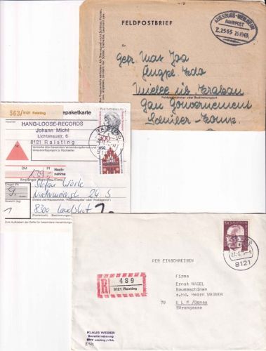DR/BRD - Raisting 3 Belege 1943/1992 (Bahnpost, NN-Paketkarte, Einschreiben)