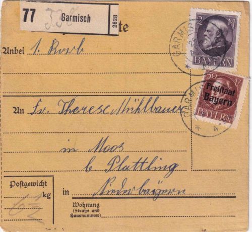 Bayern - 2 M. Ludwig u.a. Paketkarte Garmisch - Moos b. Plattling 26. APR 20