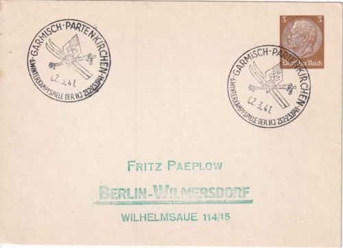 DR - Garmisch-Partenkirchen 1941 SST 6. Winterkampfspiele der HJ 3 Pfg Ganzsache