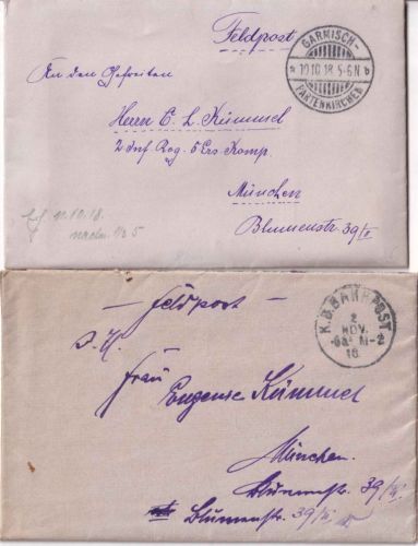 Bayern - Garmisch-Partenkirchen 19.10./2.11.1918 2 Feldpostbrief n. München