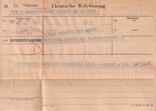 DR - Garmisch-Partenkirchen 16. AUG 1944 Telegramm aus Berlin-Waidmannslust