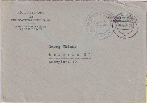 FZ - Baden-Baden 1949 CCFA Dienstbrief n. Leipzig