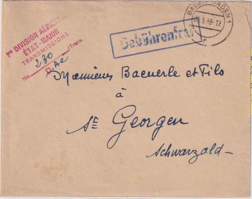 FZ - Baden-Baden 1949 Dienstbrief 1re Division Arienne n. St. Georgen