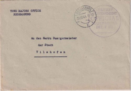All.Bes. - Regensburg 26.10.45 Dienstbrief (Town Majors Office) n. Vilshofen