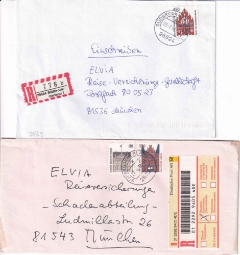 BRD - Südbrookmerland 2 Einschreibebriefe 1996/98 2 versch. R-Zettel