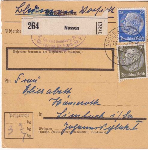 DR - 25+30 Pfg. Hindenburg Paketkarte (Blumen !) Nossen - Limbuch 1941