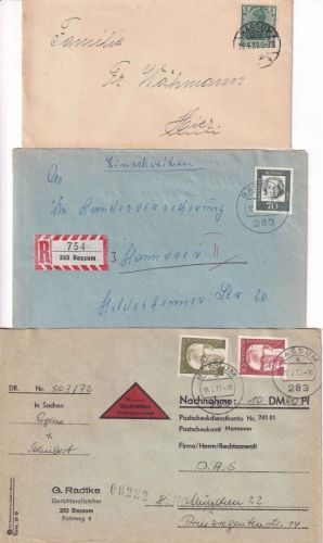 DR/BRD - Bassum 3 Belege ex 1920/72 R-Brief, Nachnahmebrief, Drucksache