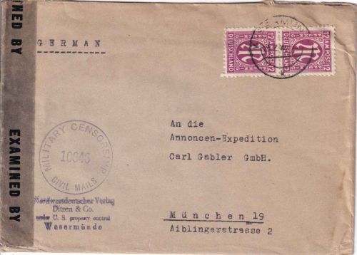 AM-Post - 2x12 Pfg. dt. Druck Zensurbrief Wesermünde - München 23.2.46