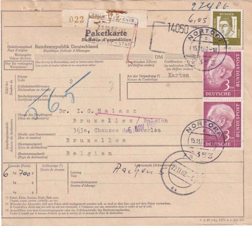BRD - 2x3 M. Heuss u.a. Paketkarte n. BELGIEN Nortorf - Brüssel 1962