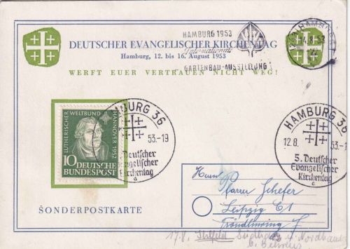 BRD - Hamburg 1953 5. Dt. Evangelischer Kirchentag Sonderkarte m. SST
