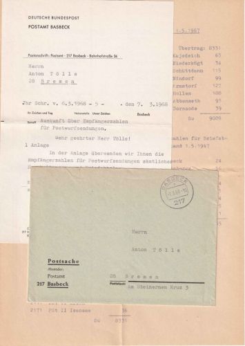 BRD - Basbeck 1968 Postsache (Empfängerzahlen f. Wurfsendungen+Begleitschreiben)