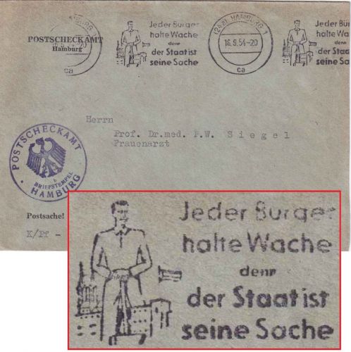 BRD - Hamburg 1954 "Jeder Bürger halte Wache..." polit. Masch.werbestempel