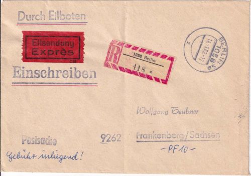 DDR - Einschreiben-Eilboten-Postsache n. Frankenberg 1983