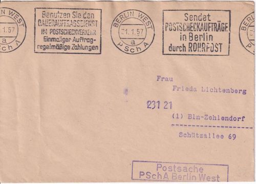 Berlin - B.-West PSchA Postsache/Ortsbrief Masch.werbestempel/Posteigenwerbung