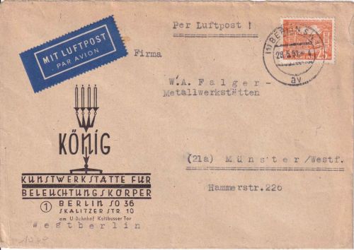 Berlin - 25 Pfg. Bauten illustr. Firmenluftpostbrief n. Münster 1951