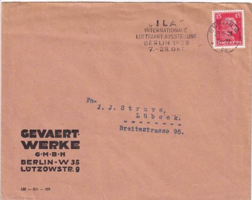 DR - Berlin 1928 Firmenbrief (Vignette Gevaert Werke GmbH) n. Lübeck