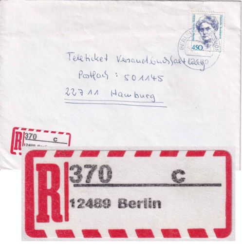 BRD - 12489 Berlin Selbstklebe-R-Zettel Einschreibebrief n. Hamburg 7.3.94