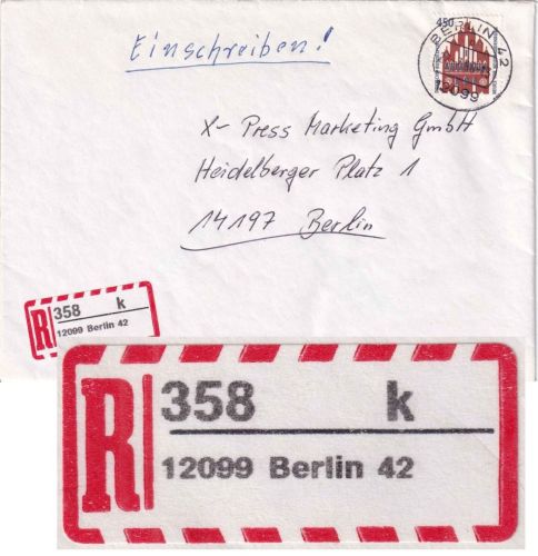 BRD - 12099 Berlin 42 Selbstklebe-R-Zettel Orts-Einschreibebrief 27.7.96