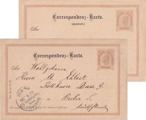 Österreich - 2/2 Kr. Ganzsache/Doppelkarte OHNE Aufgabestempel n. Berlin 1896