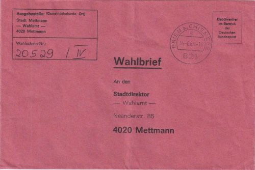 BRD - Prien (Chiemsee) 14.6.84 portofreier Wahlbrief n. Mettamnn