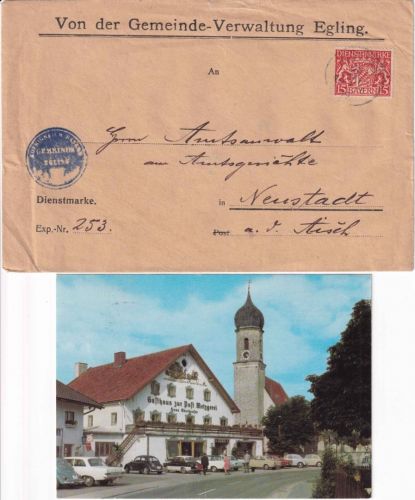 Bayern/BRD - Egling Dienstbrief 1919 + farb. AK Gasthaus Oberhauser 1969