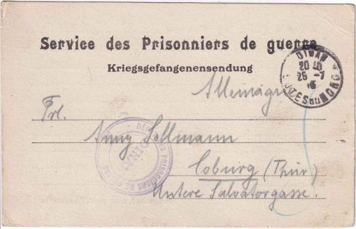 Frankreich - Dinan 1915 Kriegsgefangenenkarte n. Coburg