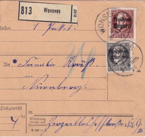 Bayern - 25+50 Pfg. Ludwig/Freistaat-Volksstaat Paketkarte Wonsees 7. JAN 20