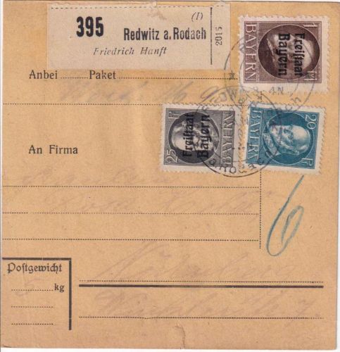 Bayern - 1 M. Ludwig/Freistaat u.a. Paketkarte Redwitz a. Rodach 8. JAN 20