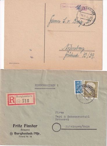 All.Bes./BRD - Burghaslach Gebühr bezahlt Karte 1948 u. Einschreibebrief 1956