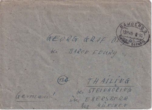 All.Bes. - Bamberg Gebühr bezahlt 19.11.45 Ovalstpl. Brief n. Thailing