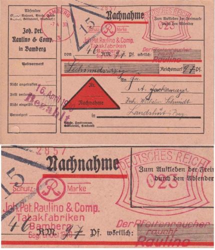 DR - Bamberg 1930 23 Pfg. AFS "Raulino Tabakfabriken" Nachnahmedrucksache