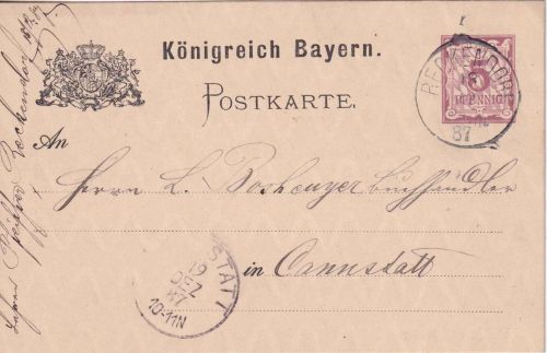 Bayern - Reckendorf 18.12.87 K1 5 Pfg. Ganzsachenkarte n. Cannstatt
