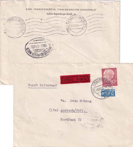 BRD - 80 Pfg. Heuss I Eilbrief Tirschenreuth - Ansbach 1955