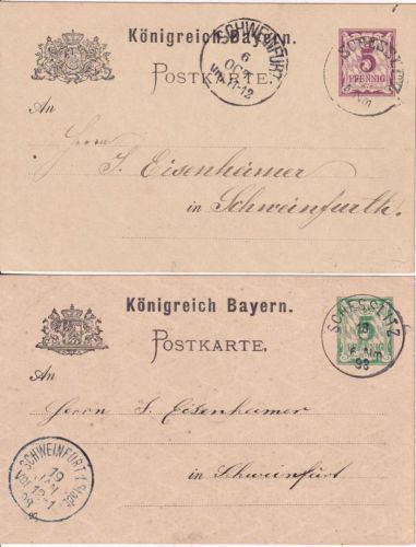 Bayern - Schesslitz 1883/1898 K1 mit u. ohne Jahreszahl 5 Pfg. Ganzsachen