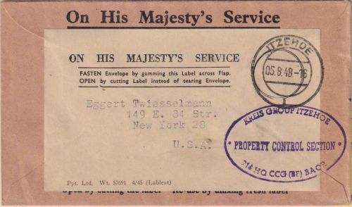 Bizone - Itzehoe 1948 Dienstbrief (Kreis Group Itzehoe) n. USA (New York)