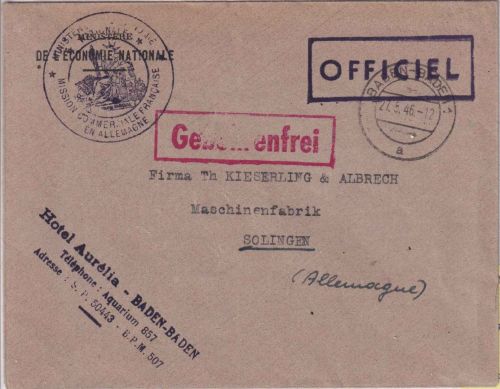 FZ - Baden-Baden 1946 franz. Dienstbrief (Hotel Aurelia) n. Solingen
