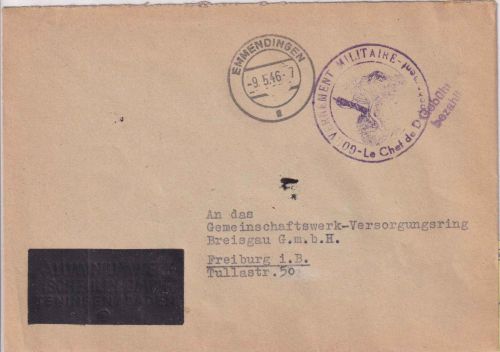 FZ - Emmendingen 1946 franz. Dienstbrief (Gouvernement Militaire) n. Freiburg