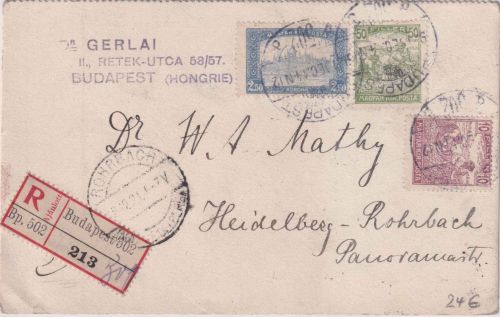 Ungarn - 2,50 K. Parlament u.a. Einschreibekarte Budapest - Heidelberg-R. 1921