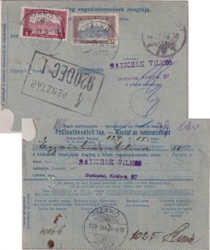 Ungarn - 1 K. + 60 f. Parlament Nachnahmekarte Mako - Budapest 1920
