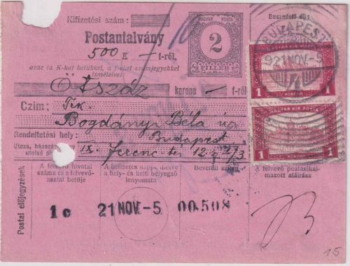 Ungarn - 2 f. Ganzsache/Orts-Postanweisung + Zusatz Budapest 1921