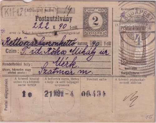 Ungarn - 2 f. Ganzsache/Postanweisung + Zusatz Budapest - Merk 1921