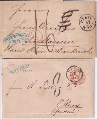 Ungarn - Pesth 1866 2 Portobriefe n. FRANKREICH (beide m. Inhalt)