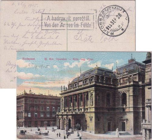 Ungarn - Rákosszentmihály 1915 Feldpostkarte zweispr. Ra2 Von der Armee im Felde