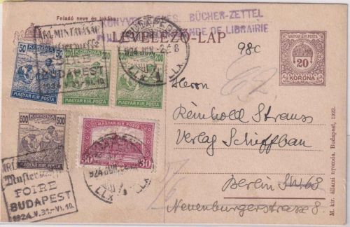Ungarn - 20 K. Krone Ganzsache+Zusatz Bücherzettel Budapest - Berlin 1924