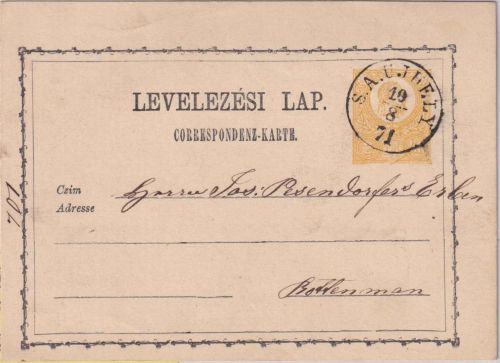 Ungarn - 2 Kr. Franz-Joseph Ganzsachenkarte K1 S.A.Ujhely - Rottenman 1871