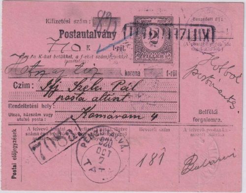 Ungarn - 2 f. Ganzsache/Dienstpostanweisung Tata - Komarom 1920